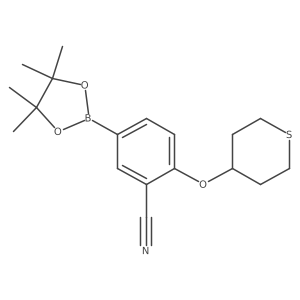 2-((tetrahydro-2H-thiopyran-4-yl)oxy)-5-(4,4,5,5-tetramethyl-1,3,2-dioxaborolan-2-yl)benzonitrile结构式
