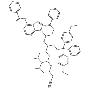 [(2R)-2-(6-benzamidopurin-9-yl)-2-[(2R)-1-[bis(4-methoxyphenyl)-phenylmethoxy]-3-[2-cyanoethoxy-[di(propan-2-yl)amino]phosphanyl]oxypropan-2-yl]oxyethyl] benzoate结构式