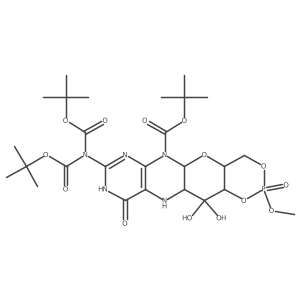 1,3,2-Dioxaphosphorino[4',5':5,6]pyrano[3,2-g]pteridine-6(5aH)-carboxylic acid, 8-[bis[(1,1-dimethylethoxy)carbonyl]amino]-4,4a,9,10,11,11a,12,12a-octahydro-12,12-dihydroxy-2-methoxy-10-oxo-, 1,1-dimethylethyl ester, 2-oxide, (4aR,5aR,11aR,12aS)-结构式