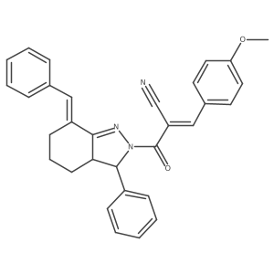 3-(4-methoxyphenyl)-2-[3-phenyl-7-(phenylmethylidene)-3,3a,4,5,6,7-hexahydro-2H-indazole-2-carbonyl]prop-2-enenitrile Structure