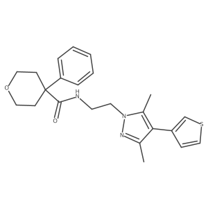 N-(2-(3,5-dimethyl-4-(thiophen-3-yl)-1H-pyrazol-1-yl)ethyl)-4-phenyltetrahydro-2H-pyran-4-carboxamide结构式