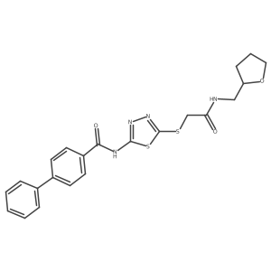 N-[5-[2-oxo-2-(tetrahydrofuran-2-ylmethylamino)ethyl]sulfanyl-1,3,4-thiadiazol-2-yl]-4-phenyl-benzamide结构式