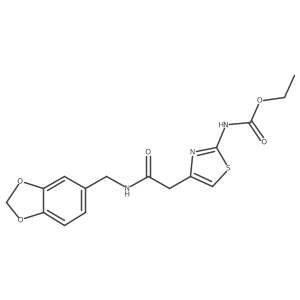 Ethyl (4-(2-((benzo[d][1,3]dioxol-5-ylmethyl)amino)-2-oxoethyl)thiazol-2-yl)carbamate结构式