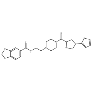 N-[2-[4-(5-thiophen-2-ylpyrazolidine-3-carbonyl)piperazin-1-yl]ethyl]-1,3-benzodioxole-5-carboxamide Structure