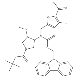 5-({[(3R,4R)-1-[(tert-butoxy)carbonyl]-4-methoxypyrrolidin-3-yl]({[(9H-fluoren-9-yl)methoxy]carbonyl})amino}methyl)-3-methylfuran-2-carboxylic acid Structure