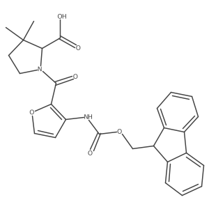 1-[3-({[(9H-fluoren-9-yl)methoxy]carbonyl}amino)furan-2-carbonyl]-3,3-dimethylpyrrolidine-2-carboxylic acid结构式