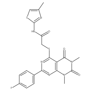 2-((2-(4-fluorophenyl)-6,8-dimethyl-5,7-dioxo-5,6,7,8-tetrahydropyrimido[4,5-d]pyrimidin-4-yl)thio)-N-(4-methylthiazol-2-yl)acetamide结构式