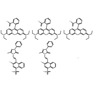 Tris(9-(2-carboxyphenyl)-3,6-bis(diethylamino)xanthylium) bis(4-((4,5-dihydro-3-methyl-5-oxo-1-phenyl-1H-pyrazol-4-yl)azo)-3-hydroxynaphthalene-1-sulphonato(3-))chromate(3-) Structure