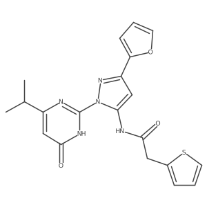 N-(3-(furan-2-yl)-1-(4-isopropyl-6-oxo-1,6-dihydropyrimidin-2-yl)-1H-pyrazol-5-yl)-2-(thiophen-2-yl)acetamide结构式