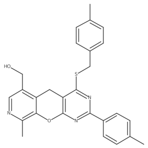 (9-methyl-4-((4-methylbenzyl)thio)-2-(p-tolyl)-5H-pyrido[4',3':5,6]pyrano[2,3-d]pyrimidin-6-yl)methanol Structure