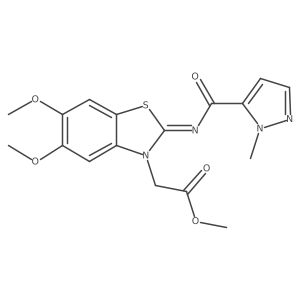 (E)-methyl 2-(5,6-dimethoxy-2-((1-methyl-1H-pyrazole-5-carbonyl)imino)benzo[d]thiazol-3(2H)-yl)acetate结构式