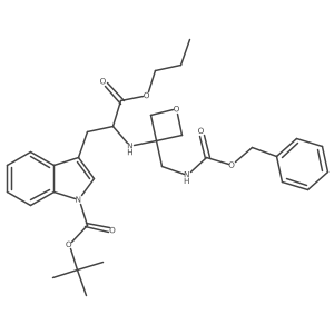 (2S)-2-[3-[(Benzyloxycarbonylamino)methyl]oxetane-3-ylamino]-3-[1-(tert-butoxycarbonyl)-1H-indole-3-yl]propionic acid propyl ester结构式