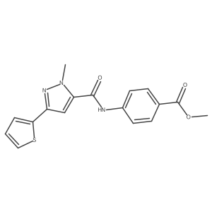 methyl 4-(1-methyl-3-(thiophen-2-yl)-1H-pyrazole-5-carboxamido)benzoate结构式