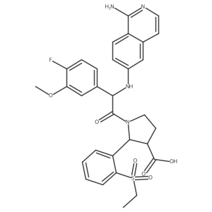 3-Pyrrolidinecarboxylic acid, 1-[(2R)-[(1-amino-6-isoquinolinyl)amino](4-fluoro-3-methoxyphenyl)acetyl]-2-[2-(ethylsulfonyl)phenyl]-, (2R,3S)-结构式