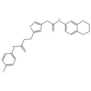 2-[(4-{[(2,3-dihydro-1,4-benzodioxin-6-yl)carbamoyl]methyl}-1,3-thiazol-2-yl)sulfanyl]-N-(4-fluorophenyl)acetamide结构式