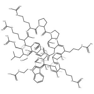 1-[3-[(3R,9S,12S,15S,18S,21S,24S,27S,30S,33S,36S,39S,42S,45S)-21-(4-aminobutyl)-30,36-bis[(2S)-butan-2-yl]-9,12,18,27,33-pentakis(3-carbamimidamidopropyl)-11,14,17,20,23,26,29,32,35,38,41,44-dodecahydroxy-24,42-bis(1H-indol-3-ylmethyl)-15-(2-methylpropyl)-2,8-dioxo-1,7,10,13,16,19,22,25,28,31,34,37,40,43-tetradecazatricyclo[43.3.0.03,7]octatetraconta-10,13,16,19,22,25,28,31,34,37,40,43-dodecaen-39-yl]propyl]guanidine Structure