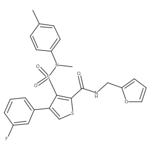 Cc1ccc(N(C)S(=O)(=O)c2c(-c3cccc(F)c3)csc2C(=O)NCc2ccco2)cc1结构式
