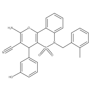 2-Amino-4-(3-hydroxyphenyl)-6-(2-methylbenzyl)-4,6-dihydropyrano[3,2-c][2,1]benzothiazine-3-carbonitrile 5,5-dioxide结构式
