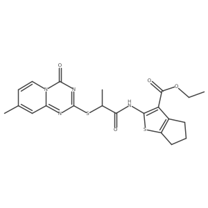 ethyl 2-(2-((8-methyl-4-oxo-4H-pyrido[1,2-a][1,3,5]triazin-2-yl)thio)propanamido)-5,6-dihydro-4H-cyclopenta[b]thiophene-3-carboxylate结构式