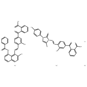 Cobaltate(3-), (2-(4-((8-(benzoylamino)-2-hydroxy-1-naphthalenyl)azo)-3-hydroxybenzoyl)benzoato(3-))(2-(4-((1-(4-chlorophenyl)-4,5-dihydro-3-methyl-5-oxo-1H-pyrazol-4-yl)azo)-3-hydroxybenzoyl)benzoato(3-))-, trisodium Structure