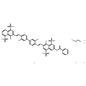 N.NCCO.O=C(Nc1cc(S(=O)(=O)[O-])c2c([O-])c(N=Nc3ccc(-c4ccc(N=Nc5cc(S(=O)(=O)[O-])c6cccc(S(=O)(=O)[O-])c6c5[O-])c([O-])c4)cc3[O-])cc(S(=O)(=O)[O-])c2c1)c1ccccc1.[Cu+2].[Cu+2].[Na+].[Na+].[Na+].[Na+]结构式