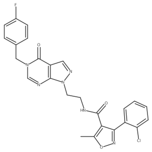 3-(2-chlorophenyl)-N-(2-(5-(4-fluorobenzyl)-4-oxo-4,5-dihydro-1H-pyrazolo[3,4-d]pyrimidin-1-yl)ethyl)-5-methylisoxazole-4-carboxamide结构式