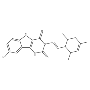8-bromo-3-({(E)-[(1R)-2,4,6-trimethylcyclohex-3-en-1-yl]methylidene}amino)-1H-pyrimido[5,4-b]indole-2,4(3H,5H)-dione Structure