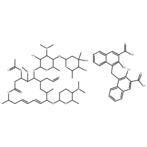 Leucomycin V, 9-O-(5-(dimethylamino)tetrahydro-6-methyl-2H-pyran-2-yl)-, 3-acetate, (9(5S,6R))-, 4,4'-methylenebis(3-hydroxy-2-naphthalenecarboxylate) (1:1) (salt) Structure