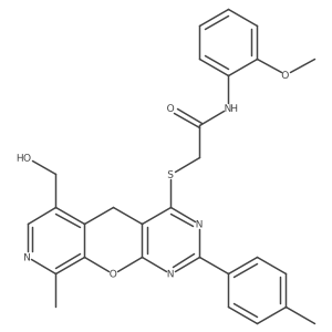 2-{[11-(hydroxymethyl)-14-methyl-5-(4-methylphenyl)-2-oxa-4,6,13-triazatricyclo[8.4.0.0^{3,8}]tetradeca-1(10),3(8),4,6,11,13-hexaen-7-yl]sulfanyl}-N-(2-methoxyphenyl)acetamide结构式