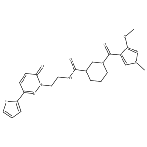 N-(2-(3-(furan-2-yl)-6-oxopyridazin-1(6H)-yl)ethyl)-1-(3-methoxy-1-methyl-1H-pyrazole-4-carbonyl)piperidine-3-carboxamide结构式