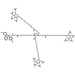 1-(((2R,3R,4R,5R,6R)-3-Acetamido-4,5-diacetoxy-6-(acetoxymethyl)tetrahydro-2H-pyran-2-yl)oxy)-18,18-bis(17-(((2R,3R,4R,5R,6R)-3-acetamido-4,5-diacetoxy-6-(acetoxymethyl)tetrahydro-2H-pyran-2-yl)oxy)-5-oxo-2,9,12,15-tetraoxa-6-azaheptadecyl)-13,20-dioxo-3,6,9,16-tetraoxa-12,19-diazahentriacontan-31-oic 1-DMTrO-2-hydroxyl-propylamide结构式