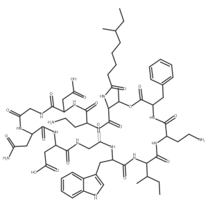 2-[(3S,6S,9S,12S,18R,21R,27S,30R,33S,34R)-6,30-bis(2-aminoethyl)-21-(2-amino-2-oxoethyl)-3-benzyl-9-[(2S)-butan-2-yl]-18-(carboxymethyl)-12-(1H-indol-3-ylmethyl)-34-methyl-33-(6-methyloctanoylamino)-2,5,8,11,14,17,20,23,26,29,32-undecaoxo-1-oxa-4,7,10,13,16,19,22,25,28,31-decazacyclotetratriacont-27-yl]acetic acid Structure