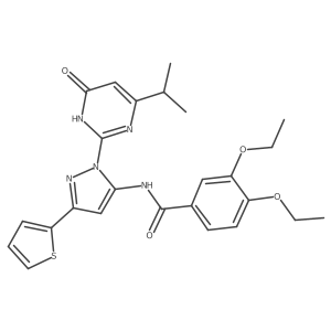 3,4-diethoxy-N-(1-(4-isopropyl-6-oxo-1,6-dihydropyrimidin-2-yl)-3-(thiophen-2-yl)-1H-pyrazol-5-yl)benzamide结构式