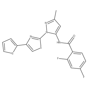 2,4-difluoro-N-(3-methyl-1-(4-(thiophen-2-yl)thiazol-2-yl)-1H-pyrazol-5-yl)benzamide结构式