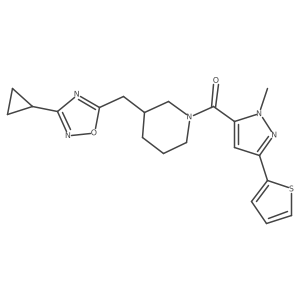 (3-((3-cyclopropyl-1,2,4-oxadiazol-5-yl)methyl)piperidin-1-yl)(1-methyl-3-(thiophen-2-yl)-1H-pyrazol-5-yl)methanone Structure