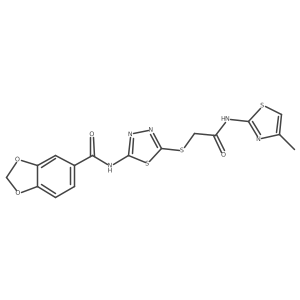 N-[5-[2-[(4-methylthiazol-2-yl)amino]-2-oxo-ethyl]sulfanyl-1,3,4-thiadiazol-2-yl]-1,3-benzodioxole-5-carboxamide结构式