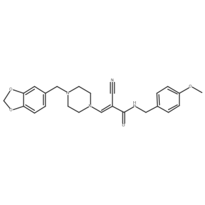 (E)-3-(4-(benzo[d][1,3]dioxol-5-ylmethyl)piperazin-1-yl)-2-cyano-N-(4-methoxybenzyl)acrylamide结构式