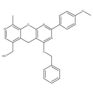 [7-(Benzylsulfanyl)-5-(4-methoxyphenyl)-14-methyl-2-oxa-4,6,13-triazatricyclo[8.4.0.0^{3,8}]tetradeca-1(10),3(8),4,6,11,13-hexaen-11-yl]methanol Structure