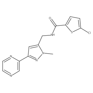 5-chloro-N-((1-methyl-3-(pyrazin-2-yl)-1H-pyrazol-5-yl)methyl)thiophene-2-carboxamide结构式