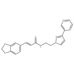 (E)-3-(benzo[d][1,3]dioxol-5-yl)-N-(2-(3-(pyrazin-2-yl)-1H-pyrazol-1-yl)ethyl)acrylamide结构式