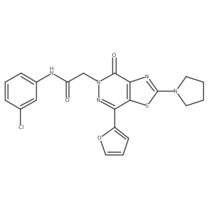 O=C(Cn1nc(-c2ccco2)c2sc(N3CCCC3)nc2c1=O)Nc1cccc(Cl)c1结构式