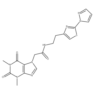 N-(2-(2-(1H-pyrazol-1-yl)thiazol-4-yl)ethyl)-2-(1,3-dimethyl-2,6-dioxo-2,3-dihydro-1H-purin-7(6H)-yl)acetamide结构式