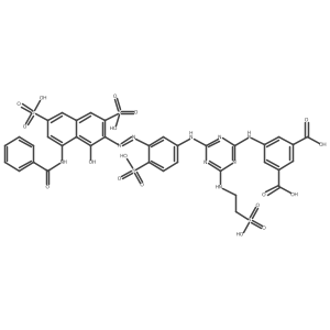 5-((4-(3-((8-Benzamido-1-hydroxy-3,6-disulfo-2-naphthalenyl)diazenyl)-4-sulfoanilino)-6-((2-sulfoethyl)amino)-1,3,5-triazin-2-yl)amino)-1,3-benzenedicarboxylic acid结构式