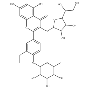 4H-1-Benzopyran-4-one, 2-[4-[(6-deoxy-I+/--L-mannopyranosyl)oxy]-3-methoxyphenyl]-3-(I(2)-D-glucofuranosyloxy)-5,7-dihydroxy- Structure