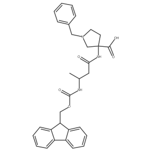 1-benzyl-3-[(3R)-3-({[(9H-fluoren-9-yl)methoxy]carbonyl}amino)butanamido]pyrrolidine-3-carboxylic acid结构式