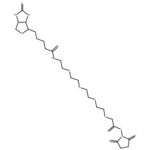 2,5-Dioxopyrrolidin-1-yl 16-oxo-20-((3aS,4S,6aR)-2-oxohexahydro-1H-thieno[3,4-d]imidazol-4-yl)-3,6,9,12-tetraoxa-15-azaicosanoate结构式