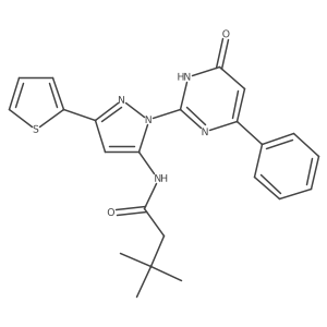 3,3-dimethyl-N-[1-(6-oxo-4-phenyl-1,6-dihydropyrimidin-2-yl)-3-(thiophen-2-yl)-1H-pyrazol-5-yl]butanamide结构式