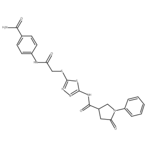 N-(5-((2-((4-carbamoylphenyl)amino)-2-oxoethyl)thio)-1,3,4-thiadiazol-2-yl)-5-oxo-1-phenylpyrrolidine-3-carboxamide结构式