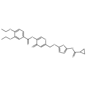 6-(((5-(cyclopropanecarboxamido)-1,3,4-thiadiazol-2-yl)thio)methyl)-4-oxo-4H-pyran-3-yl 3,4-diethoxybenzoate结构式