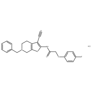 N-(6-benzyl-3-cyano-4,5,6,7-tetrahydrothieno[2,3-c]pyridin-2-yl)-2-((4-fluorophenyl)thio)acetamide hydrochloride结构式